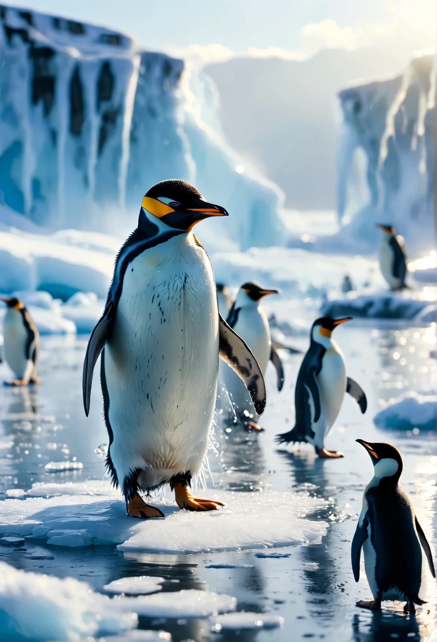  Please give me ultra hd 4k background, close-up shot of angry penguins on the ice floe,  Visible spots and defects on the fur, The background is made up of icy sea with ice and snow with soft sunlight and fog, Visible spots on the fur. Optical defect like from a camera lens and photographic noise,