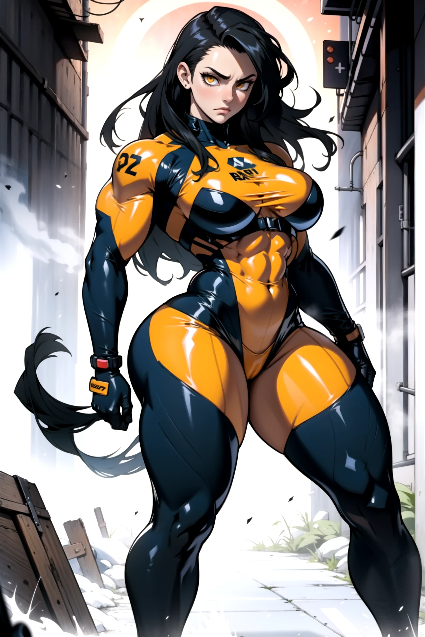 1girl, (((extremely long hair))), solo, (((muscular))), veins, black hair, yellow eyes, thick thighs, pale skin, strong, veins, big thighs, huge breasts, standing, bodyuit, pilot suit, ((thick thighs)), angry, against wall, gritty, (((full body)))