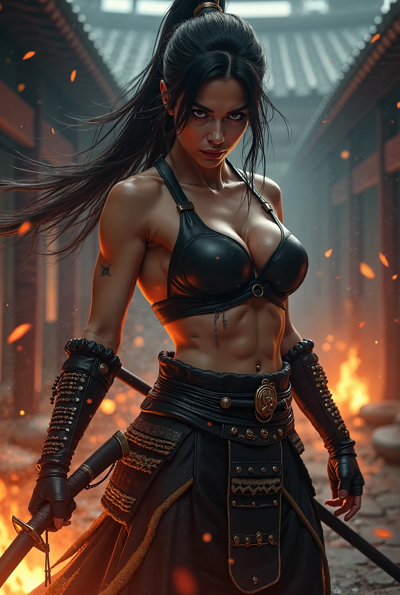 Shemale samurai with naked big breast, heavy muscle