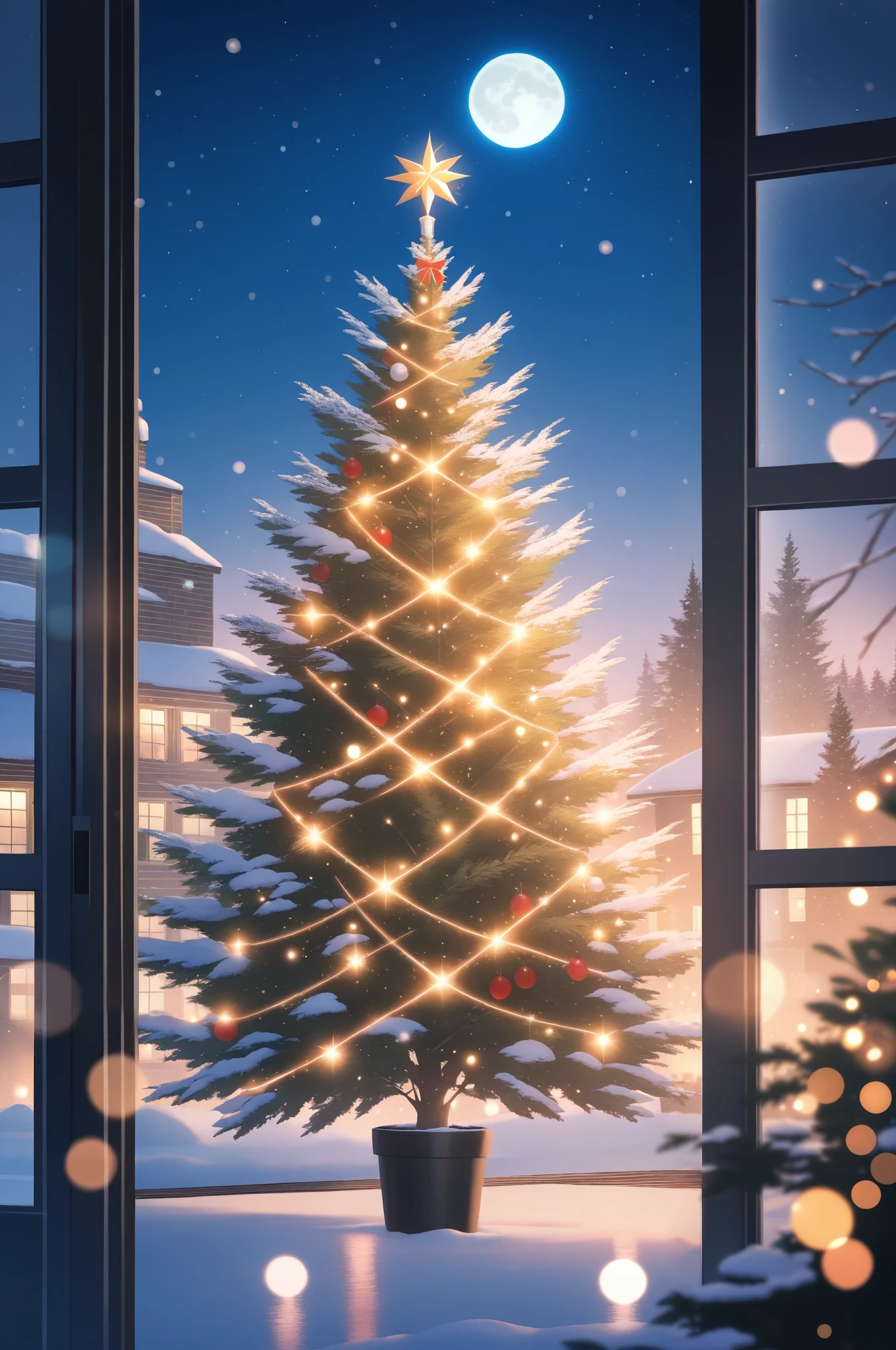 aesthetic lo-fi minimalist scene, winter, holly flower, window, moon, light bokeh, in soft colors, glitter, dynamic side angle, natural soft lighting, 8k resolution, illustration, masterpiece, best quality, amazing quality, very aesthetic, absurdres, newest, highly detailed,high-resolution,