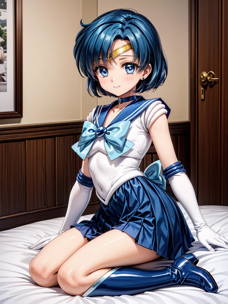 SailorMercury, short blue hair, blue eyes, gold circlet, choker, sailor senshi uniform, white elbow gloves, blue serafuku, white leotard, white elbow gloves, blue bow, looking at viewer, serious, embarrassed, blush, standing, inside bedroom, arms crossed, girls bedroom, soft lighting,  high quality, masterpiece, <lora:AmiMizuno:.8>