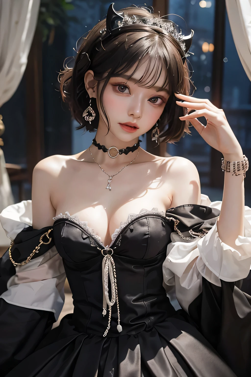 ( best quality :1.3)、( The Greatest Masterpiece:1.3)、 Highest Image Quality、RAW、( perfect body beauty :1.2)、(Night Scene:1.3)、( black dress :1.3)、( luxurious room:1.2)、( chain on hand:1.2)、 Highly Detailed Face and Skin Textures 、 detailed eyes、double eyelids、 short hair、 boyish、 unisex、 big eyes、 necklace、(( one woman))、 bracelet、 earrings、 choker、ring、chain accessories、chain、Thick chain collar、(restrain with chains)、((fall to the dark side))、((Evil Princess ))、(( cleavage in years))、 off shoulder、(palace)、(( fantasy castle))、((Devil's Bride))、((Demon Princess))、(Blushing:1.4)、( sexual arousal:1.3)、( looking at camera )、(chain choker)、(Little devil horns)、((devilize))、(assimilation by the devil)、sexy、((Sex Appeal))、Eros、Sensual、Alluring、 looking at camera
