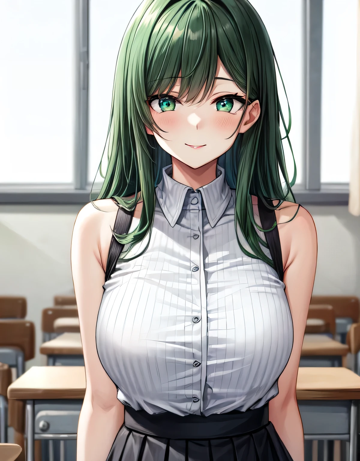 (large breasts:1.6),(shiny,hair),((solo)),((masterpiece)),((best quality)),perfect anatomy,slim waist,perfect image,8k UHD,(beautiful detailed eyes:1.5),extremely detailed face,standing,(upper body:1.2),(look at the front:1.5),arms behindback,ultra-detailed,absurdres,highres,classroom,bangs,semi-long hair,(green hair),blush,lips,(sleeveless),white shirt,black skirt,teacher,smile,closed mouth,