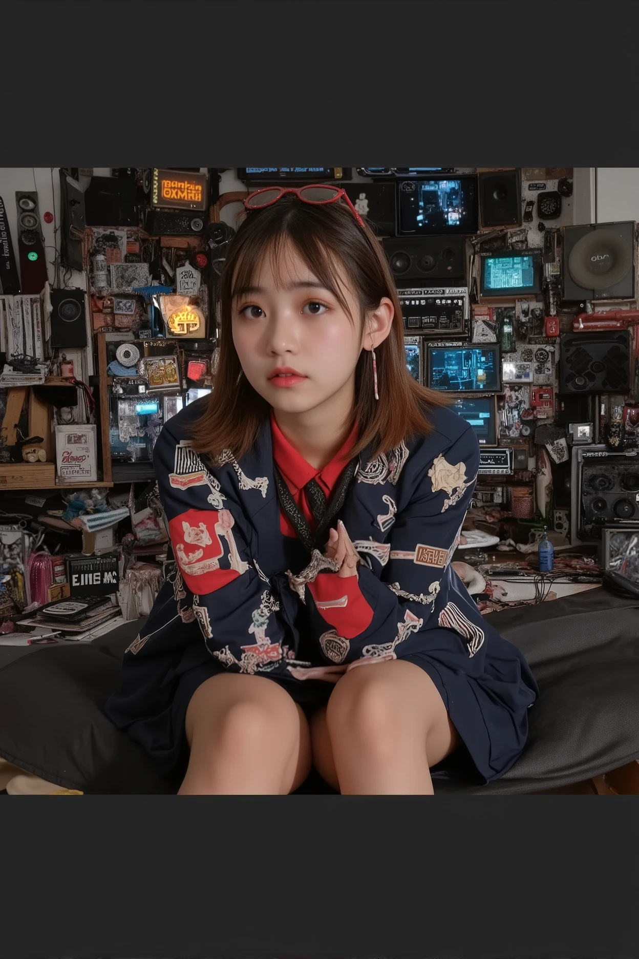 8k, realistic images,ultra high res.photo realistic: 1.4, UDH, Stunning Almost Breathtaking , It's Horrifyingly Gorgeous 、 Mixed Media Art , teenage girls , Play the guitar, hands, anatomically correct fingers :1.8, Brown Hair , ผมตัดshort:1.21, Bangs, punk girl , kvinner"Listen to me " monster suit collage , collage image Contemporary art , paste-cutting art work, mind map , output processor , People in Picture with Multiple Exposure , new magazine cover , สไตล์ Digital Collage Pictures ที่มีองค์ประกอบทับซ้อนกัน, Big Bust , Digital Collage Pictures , ( collage ), paste-cutting art , contemporary art , เสื้อแขนshort, (( shirtแขนshortสีขาวสลิม:1.21, shirt)), ((ปัก Name ด้วยตัวหนังสือสีน้ำเงินที่หน้าอกเสื้อด้านขวา, Name "4EVE")), ((School logo symbol on the left shirt chest .)), (( Oversized Pleated Skirt , dark blue , short,)), you can see your navel :1.21, (( Navy blue skirt , พร้อมbelt kvinner)), (( Big Bust , Breast augmentation)), (( symmetrical shape , sexy doll)), ((thin, thin, small waist)), ((black ************************* shoe, ถุงเท้าshortสีขาว, ใส่clock, belt)), Mixed Media Collage Images , Avant-card ultra-realistic design , Stunning High Resolution , surreal style , changeable , I call it the inner world of the autism spectrum , retro synthesizer , speakers, oscilloscope , Retro Mike , clock, earphones , crowded screen ,