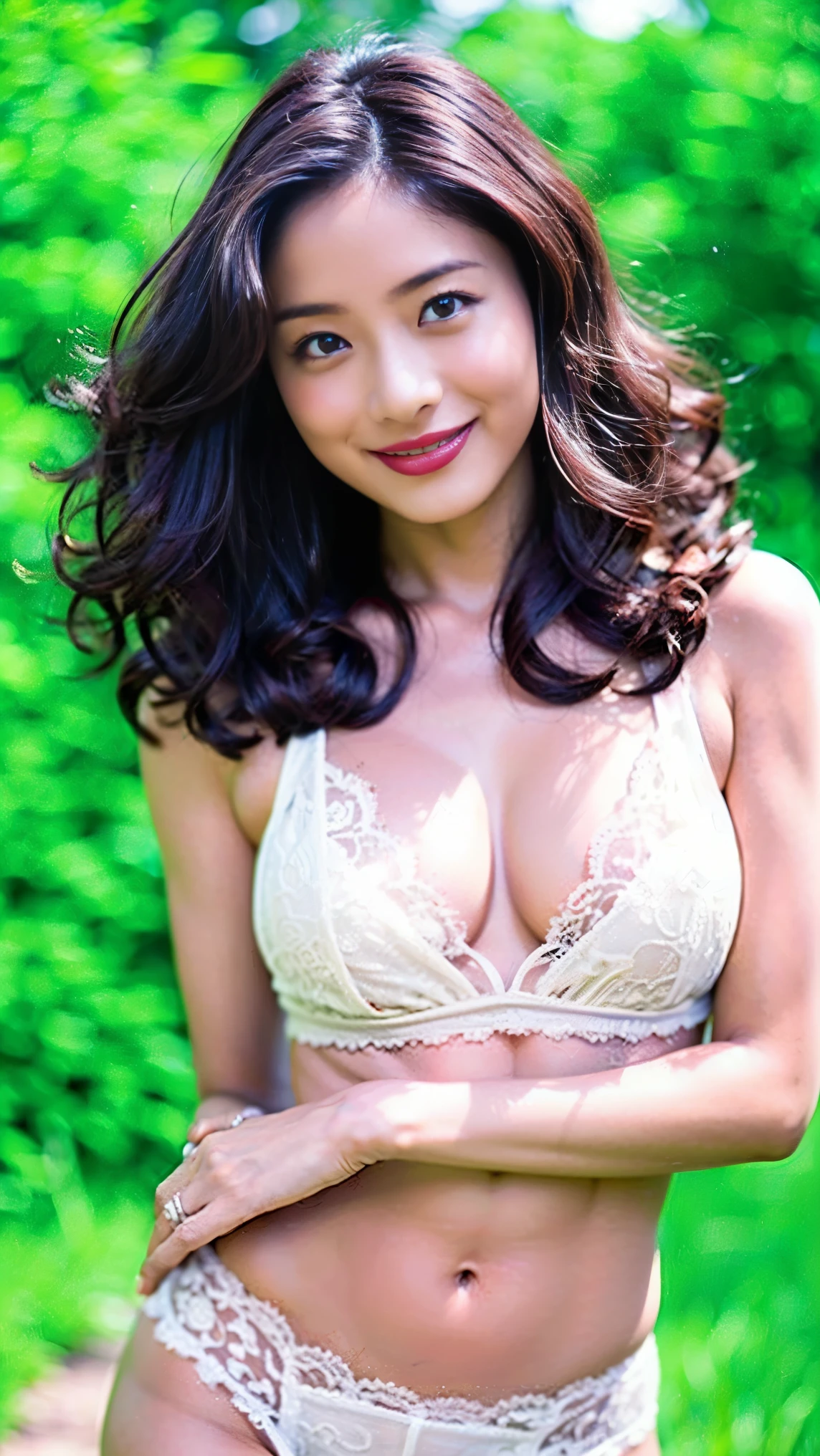   best quality  ,8k,Masterpiece),   rough skin,  解剖学的に正しい ,   sharp, Evening Background((  Japanese adult-like  , 45 years old)), Alone, ((  facial wrinkles、facial blemishes  ), Shapely breasts,   is tall、Sunken fat。肩まで届く明るい  brownのストレートヘア,   chubby体型 (((  Stand upright, Turn to the center of the screen  .))),  Close your mouth and look forward to a serious look ,  I can see your thighs  、   looking at the camera  。Sexy Makeup、road、The wind is blowing from behind、smile、   beautiful collarbone 、The navel is hidden、Thin eyebrows((45 years old))),(Ebony Women:1.3),((Long curly black hair:1.4)),(Super beautiful body),,  Beautiful Legs,(firm   no  rmal full breasts:1.25),),Medium sized butt,(Slim face),Beautiful cheekbones,   slim stomach: 1.3, (  chubby,   muscular body flowing through a bowl  :1.3),(Very beautiful middle-aged woman:1.4),(  Realistic Face),(  very elaborate face :1.5),(Super beautiful eye:1.4),(realistic eye),(Extremely detailed eye:1.3),(perfect round eye),(Free detailed eyes),break,  brown_eye:1.25,break,(恐れを知らないeye),(super detailed Compensate on eye:1.35),  detailed lips  :1.3,(red_  lipstick  :1.3),(Detailed   no  se:1.2),(Small Head:1.4),(p and k_Compensate:1.35),),(  erotic  :1.6),  no  _  panties  ,  curvy),break,((  White Lace Underwear  )) 