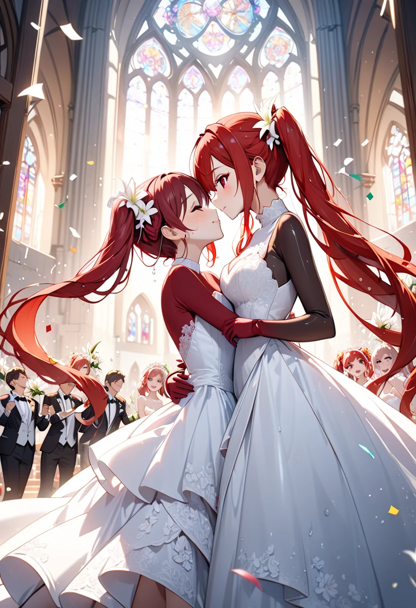 a high quality, high definition, highly detailed two lily girls kissing, red haired twin tailed robot girls with red eyes, one wearing a gorgeous white wedding dress, one wearing a white tuxedo, audience watching, eyes closed, lots of confetti dancing, chapel in the background,cowboy shot, (best quality,4k,8k,highres,masterpiece:1.2),ultra-detailed,cinematic lighting,vibrant colors,intricate details