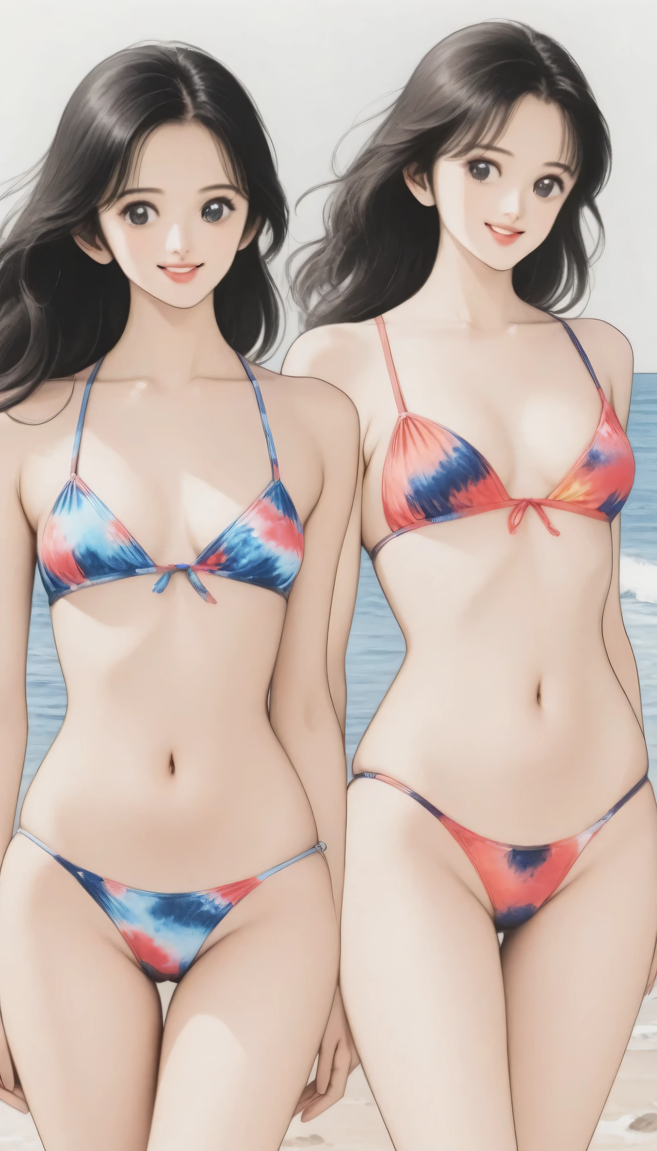 (highest quality, masterpiece, High resolution)、(Anime Art)、 (reality)、Beautiful Japanese Women、(Three Women)、20-year-old、(Please put your hands on your hips)、(Detailed depiction of a beautiful face)、Smiling Kindly、Small breasts、Slim figure、Medium Short Hair、semi-long、Hair Bun、Wet 水着、bikini、モノキニbikini、A pareo skirt with bold ethnic patterns and plenty of primary colors、Realistic Skin、Wet、whole body、No zoom、No close-ups、Cinematic Light、Tropical colors、((Blank Background))、((White Background))、