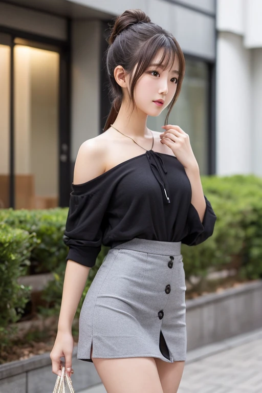 high-definition images, atmospheric perspective, 8k, super detail, accurate, best quality, ((angle from below)), a woman, ((round face), (drooping eyelush, in the city, busy, clothes that emphasize body line, skirt, necklace, takes a seat, open legs, climbing on the top of backrest of the chair to hit the front of crotch, (other customers), night scene, foods, hair up,