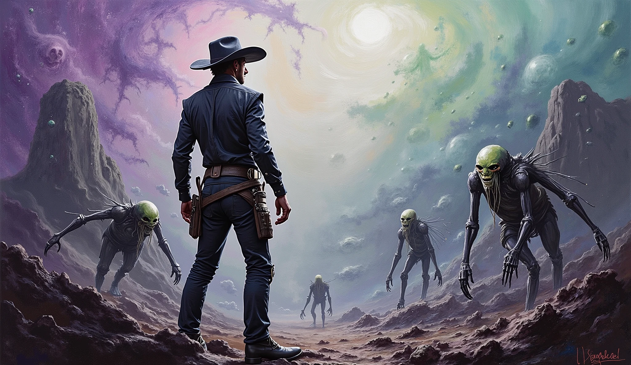 Expressive oil painting of a cowboy, depicted as an explosion of a nebulous space with aliens and monsters, predominating in the colors purple, light blue, green and black