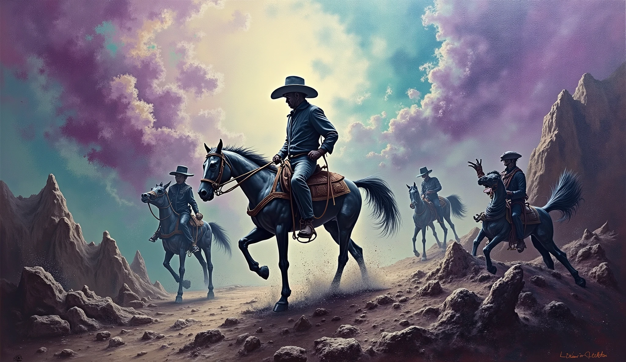 Expressive oil painting of a cowboy, depicted as an explosion of a nebulous space with aliens and monsters, predominating in the colors purple, light blue, green and black