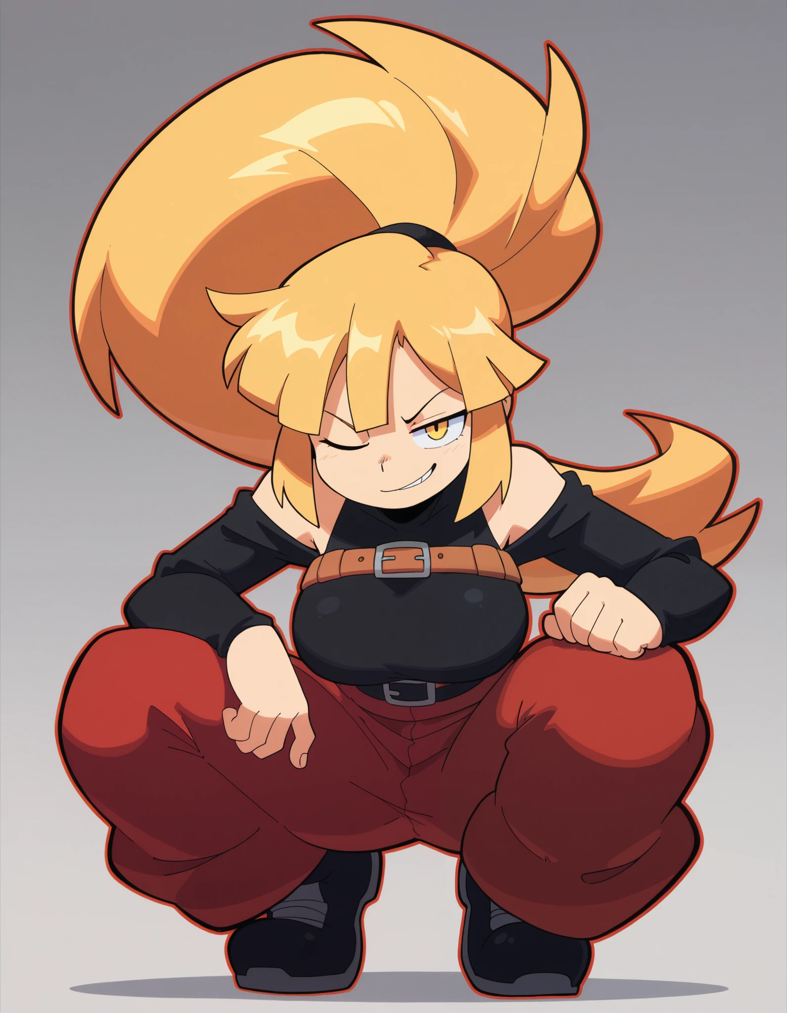 official art, high quality, best quality, score_9, ishikawa_hideki, bacun,smirk, 1girl, thief, black Cold-shoulder shirt, chest belt, shoulder armor, loose pants, red pants, blonde hair, huge ponytail, large breasts, white background, simple background, red outline, squatting, looking at viewer, winking, yellow eyes, smirk, solo