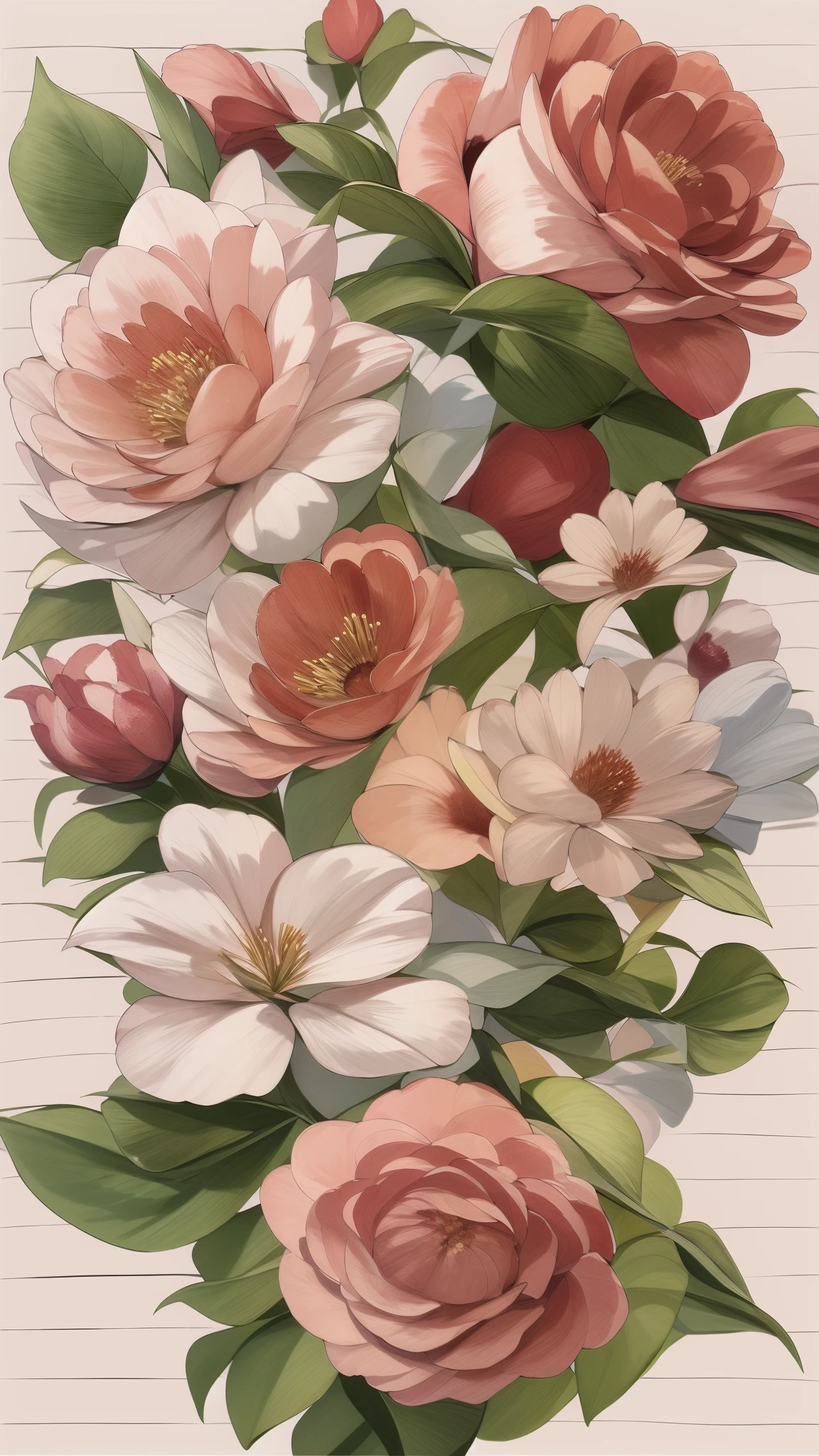 Generate a drawing,The ratio of width to height is 3 to 4,Realistic style,The picture is covered with many flowers,The branches and leaves below can be faintly seen between the flowers,The flowers contain red roses and some other varieties of flowers and greenery,The flowers in the picture contain 5 different varieties,The flowers in the picture contain at least 5 different colors。