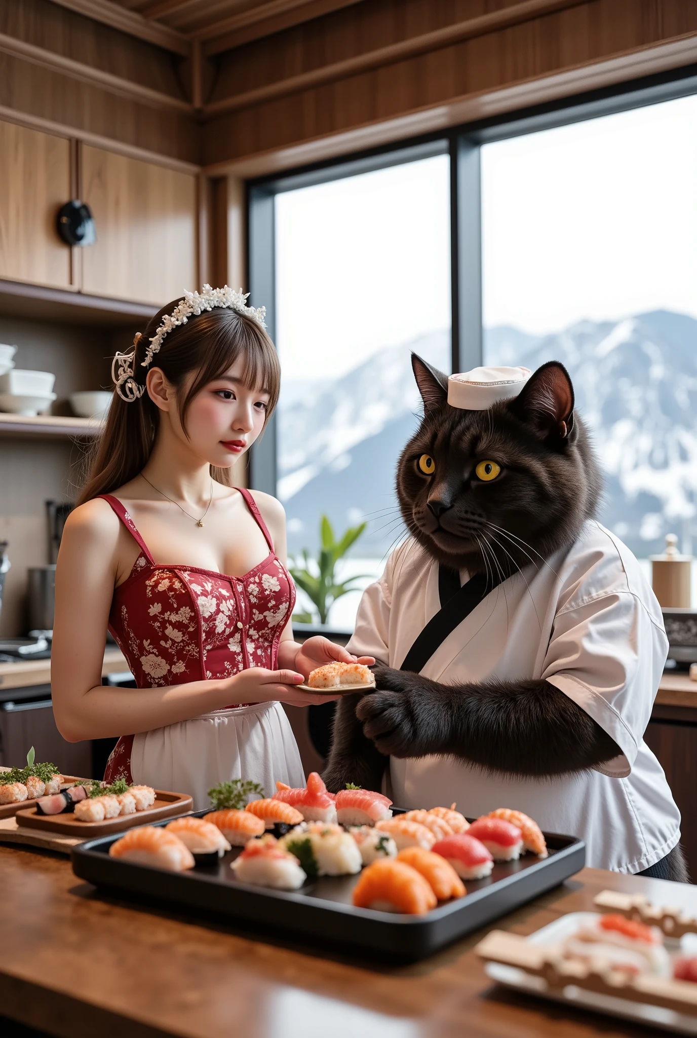 ultra-realistic, photorealistic, dramatic scene, shadow, global-illumination, solo, 1 girl\(age Japanese famous idol girl, very beautiful fragile Japanese, detailed face skin texture, she is waitress with maid costume, wearing a traditional raffled maid outfits, very large breasts, slim waist, big smile, waitress\), she is receiving a large wooden tray of gorgeous sushi set from the chef cat in white sushi master's uniform very carefully, with a smile, at the kitchen counter of the fine sushi restaurant, decorated with stylish traditional Japanese furnishings, smile, she looks so happy, a human-like giant black cat\( like a old man, sushi master, standing at the open kitchen and handing the sushi set tray to her, wearing a traditional sushi master's white uniform with white Japanese chef hat, little chubby\) , there are many kind of professional cooking tools in the open kitchen, amazing view of snow mountains through the large window behind the cat
