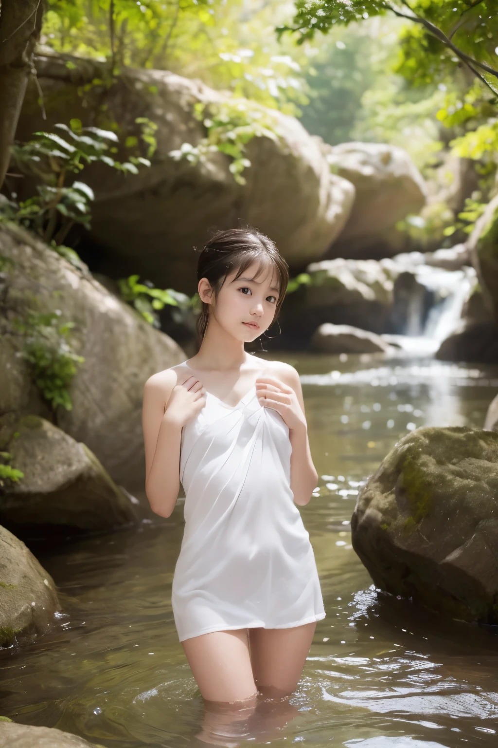 (best quality, high quality,HDR, highest quality,ultra high resolution,high resolution,high res,ultra high difinition,huge file size,8K,2K wallpaper,8K wallpaper,high quality texture,amazing,an extremely delicate),one girl, Japanese famous idol,beautiful face,small face,absurd,ridiculous,incredibly ridiculous,portrait,breasts close up,blurry background,delicate body,beautiful skin,detailed skin,small head,black hair,silky hair, (Telephoto camera spy footage:1.2),(ars old woman, wet, hand on own chest), (naked towel:1.3), (Beautiful scenery, isometric), (The sun shines on the breast),(no make-up:1.3), Immature figure,(Slender figure), (white porcelain skin:1.3),(white-skinned:1.7), (Pretty Face, bright eyes, face like a Japanese Idol),(ponytail hair), (dark hair),(slender chest,small breasts:1.5),(narrow shoulders,thin arms), (pretty girl is walking and chatting in water at bathing facilities surrounded by rocks,wooden walls, small waterfall, in Japan, blue sky), (female junih school stu(thin thighs,small butt:1.3),(smile,white teeth,cherubic,innocent), (looking away),(watch your step)