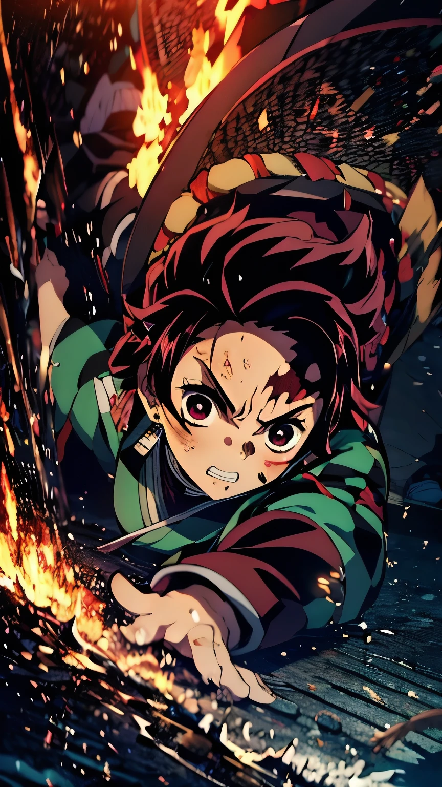 ( best quality ),(Masterpiece), 8k, tall Highly detailed , Detailed light, Best Shadow, detailed reflective eyes , beautiful eyes, tall Highly detailed な顔, shiny hair,1 person,Gross, black hair,anger,whole body,Front , showed Demon Slayer,help,help Kamado, darkness,My face is dirty 、 stained with paint 。,Japanese Sword,Inflammation,Inflammation舞,Fire breathing,Kagura,