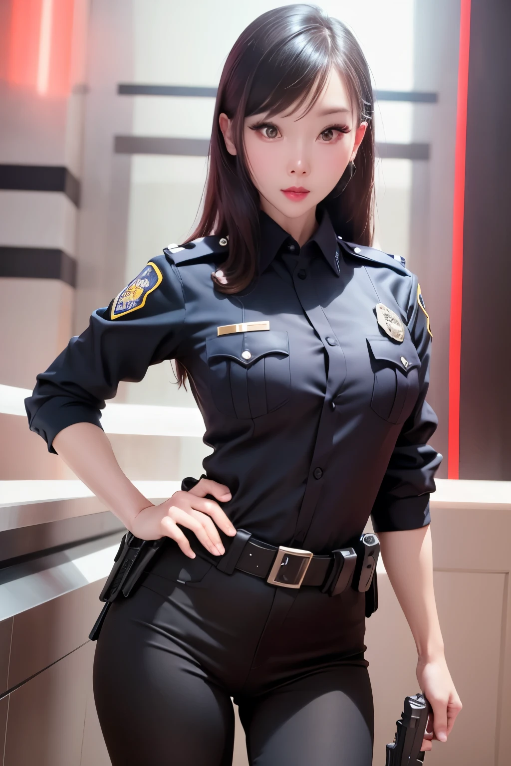 An innocent 20-year-old girl、((Police Girl, Sexy police uniform, mini skirt, Cute and elegant, Dramatic Pose)),nightの街の背景,Shortcuts、RAW Photos, ((8k、Highest quality、masterpiece:1.2))、(Intricate details:1.4)、(Realistic:1.4)、((Sweaty 1.4)), Studio Soft Light, Rim Light, Sharp details, Super Detail, ((Shiny skin 1.5)), detailed aspects, Beautiful details in the eyes, Highly detailed CG Unity 16k wallpaper, Thigh 1.1, (Detailed Background:1.2), Glowing Skin, whole body,Hands down、Spread your legs and show your panties, Black Hair, Sexy police officer in uniform, night, Facial details, from the front, Ready your gun?, refer