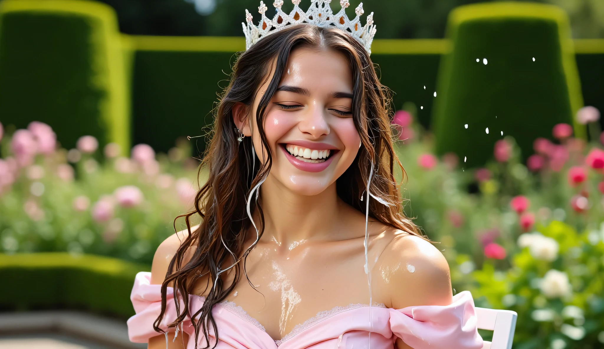 A beautiful 21-year old princess in a crown and a dress is splashed in the face with water.  Formal gardens setting.