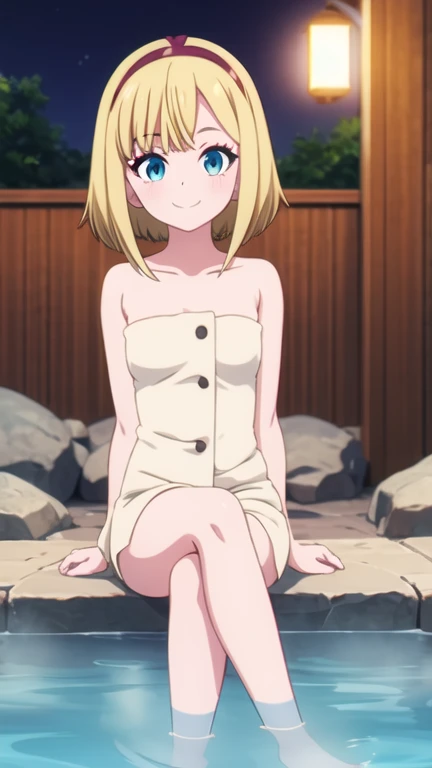 Haruna Annaka, blonde, short hair, big red ribbon on head, yellow eyes, high school student, beautiful drawing, full body, detailed background, smile, blush, navy blue school swimsuit, flat chest, summer, outside, sunlight, navy blue one-piece swimsuit