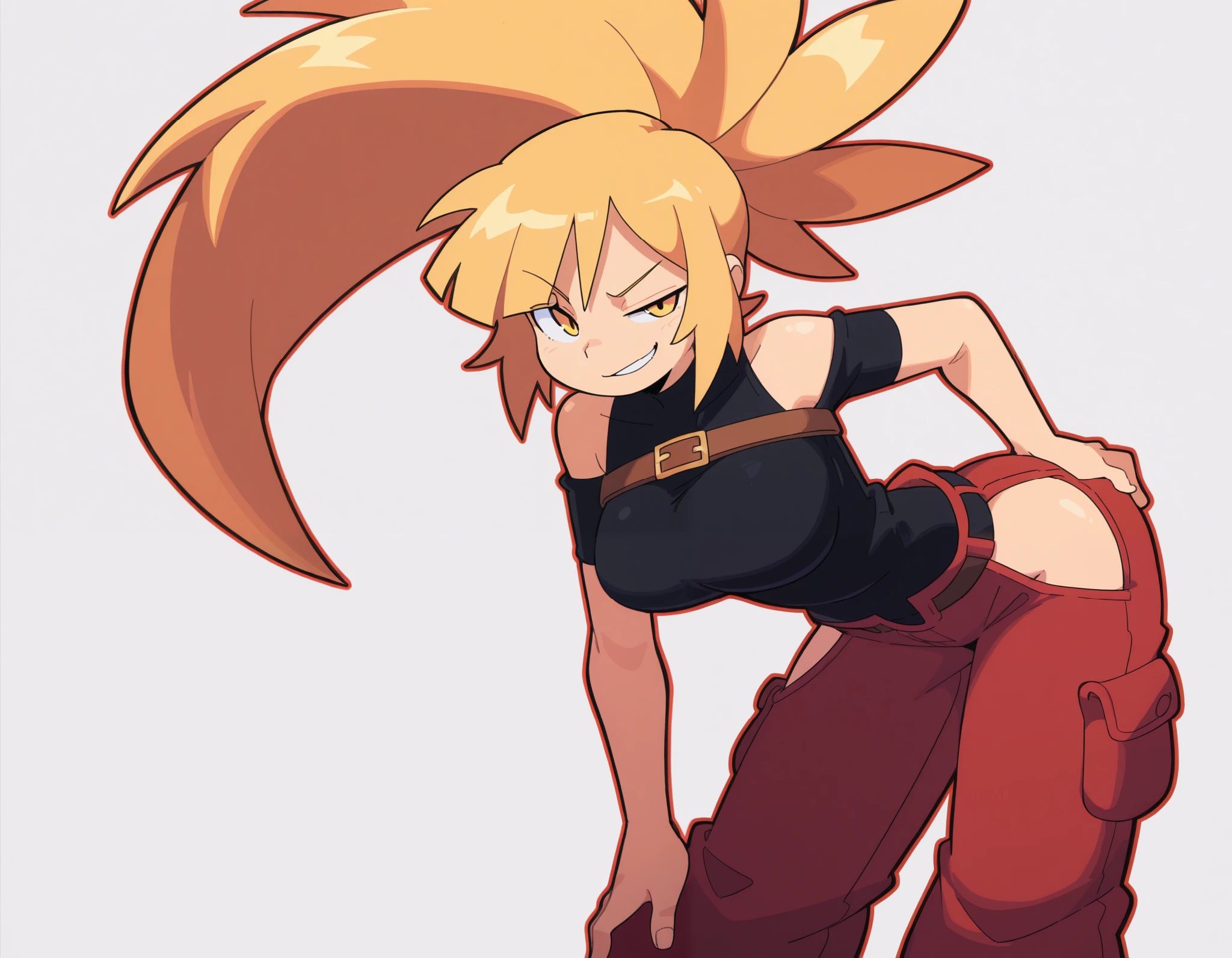 official art, high quality, best quality, score_9, ishikawa_hideki, bacun,smirk,   1girl, thief, black Cold-shoulder shirt, chest belt, shoulder armor, loose pants, red pants, blonde hair, huge ponytail, large breasts, white background, simple background, red outline,, looking at viewer, winking, yellow eyes, smirk,  solo, hip vent, leaning forward, sexy pose, hand on own ass, 