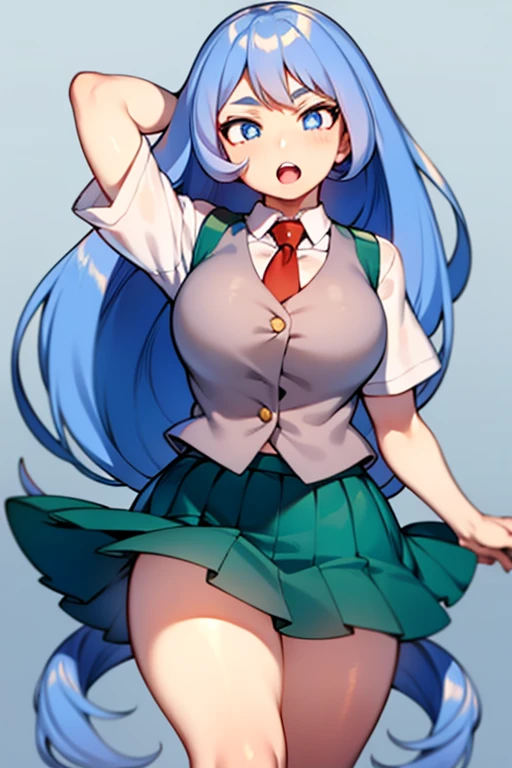 1 girl, alone, nejire hadou, long hair, blue eyes, very long hair, blue hair, (bright pupils: 1.5), smile, (green pleated skirt: 1.4), (white shirt: 1.4), short sleeves, red tie , collared shirt, raise arms, green skirt, arm behind head, standing, outdoors, city, (cowboy photo: 1.5), (masterpiece: 1.2), best quality, high resolution, background Unity 8k display, (artwork: 0.8), (beautiful detailed eyes: 1.6), extremely detailed face, perfect lighting, extremely detailed CG (perfect hands, perfect anatomy), large breasts, medium waist, wide hips, medium thighs, round butt, looking at viewer, from the front, point of view (from below), sexy body, perfect hands, perfect anatomy,