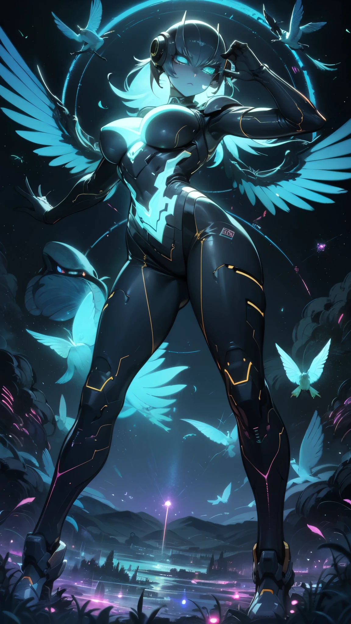 (high-res, vivid colors), blue bird alien, detailed feathers, sparkling eyes, alien landscape, vibrant colors, surreal atmosphere, glowing lights, otherworldly features, intricate patterns, dreamlike scenery, creating a piercing yet tranquil presence against the dark background. Fireflies drift lazily in the air, their faint light