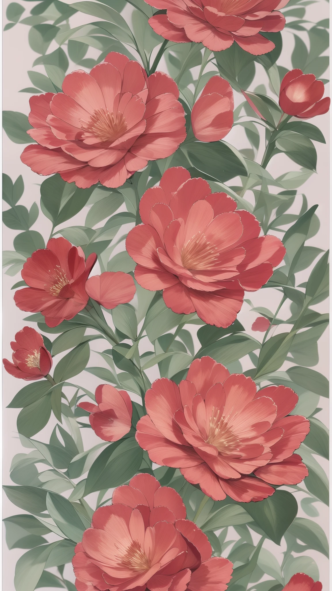 Generate a drawing,The ratio of width to height is 3 to 4,Realistic style,The picture is covered with many flowers,The branches and leaves below can be faintly seen between the flowers,The flowers contain red roses and some other varieties of flowers and greenery,The flowers in the picture contain 5 different varieties,The flowers in the picture contain at least 5 different colors。