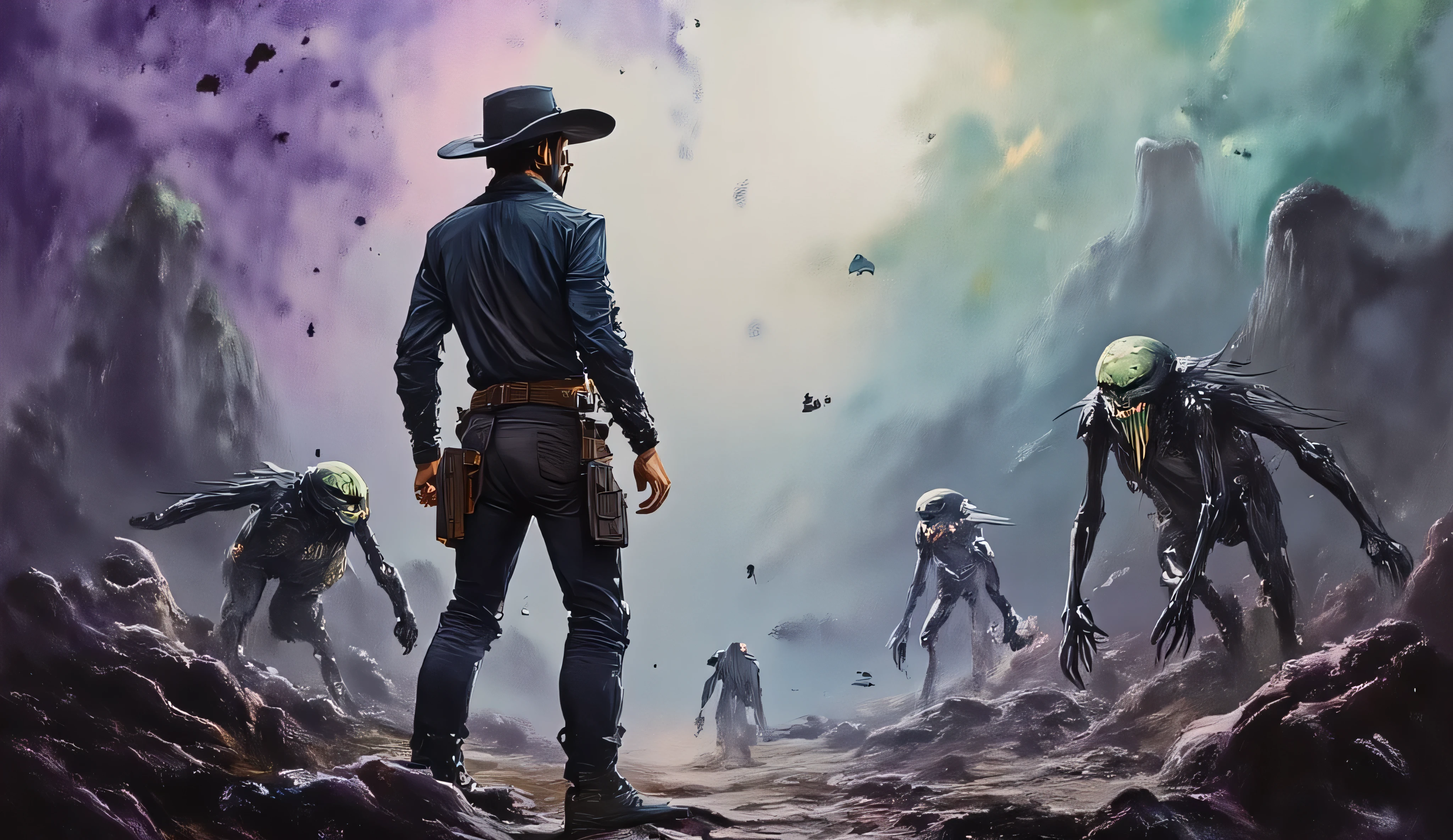 Expressive oil painting of a cowboy with a green wooden mask on his face, depicted as an explosion of a nebulous space with aliens and monsters, predominating in the colors purple, light blue, green and black