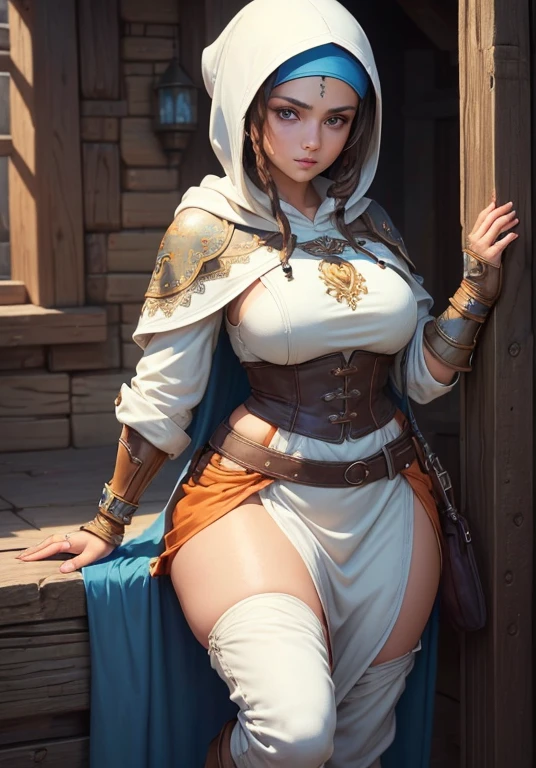 (huge boobs:1.1)A full-body shot of Princess Zelda, brown hair, blue eyes, dressed as an Assassin from Assassins Creed, in white+gold witha white mask and hood with gold details, XL bust, using a wrist blade. Background: A city during the renaissance period. Unreal Engine 5, Anime, Anime style, Masterpiece, Well drawn eyes, well drawn face, well detailed eyes, well detailed face, 8k, light and shadow effect.