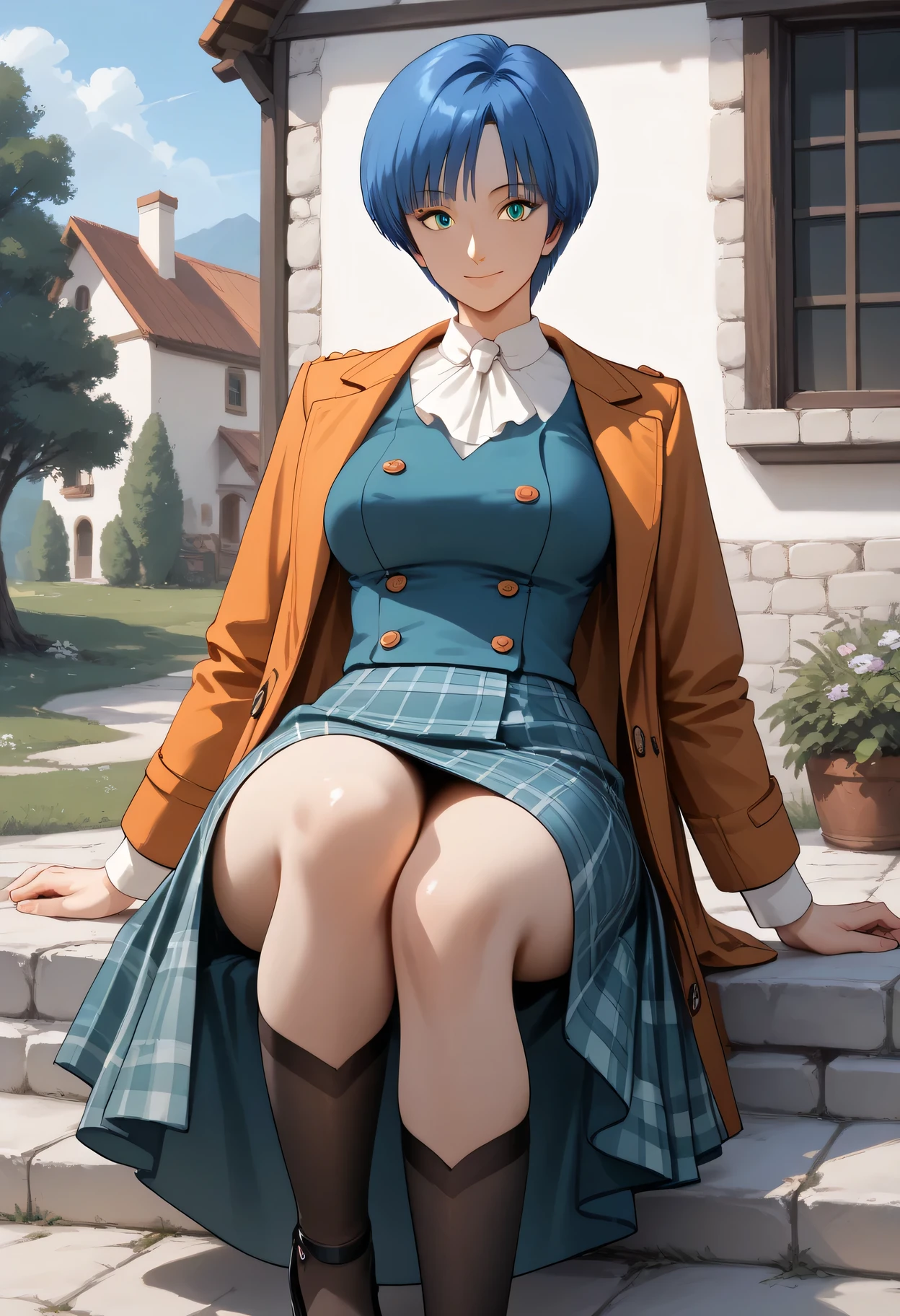 Smile ,with a girl face,((cowboy shot1.5)), ((cowboy shot:1.47)),closed mouth, Her hairstyle is medium bob,((Trim her bangs )),blue hair color, ((wolf cut:1,47)),(( midium length hair extended to shoulders:1.2)),((medium breasts)),curvy,inverted triangle face,Well-balanced limbs, slender body, long limbs,1mature,AOI YUME Masakazu Katsura drowning,((1mature:1.2 )), anime,Masakazu Katsura, AOI YUME、(looking at from the front), Look at the camera,(1mature) ,upskirt,between_legs, plaid coat, Blue, white, and orange stripes on the cuffs of the coat; ((((A green long plaid skirt with fringes)))), Black waistband visible above the skirt. White knee-length socks with blue stripes on top; pointy shoes with black heels, Double-breasted coat with visible buttons Short-sleeved innerwear with round neckline, slightly visible on the chest, Her chest is exposed and her breasts are visible. Setting ,((skirt with slit front:1.1)), ((open her chest :1.15)),(((outdoor))),((( front of house:1.2))),sitting stone