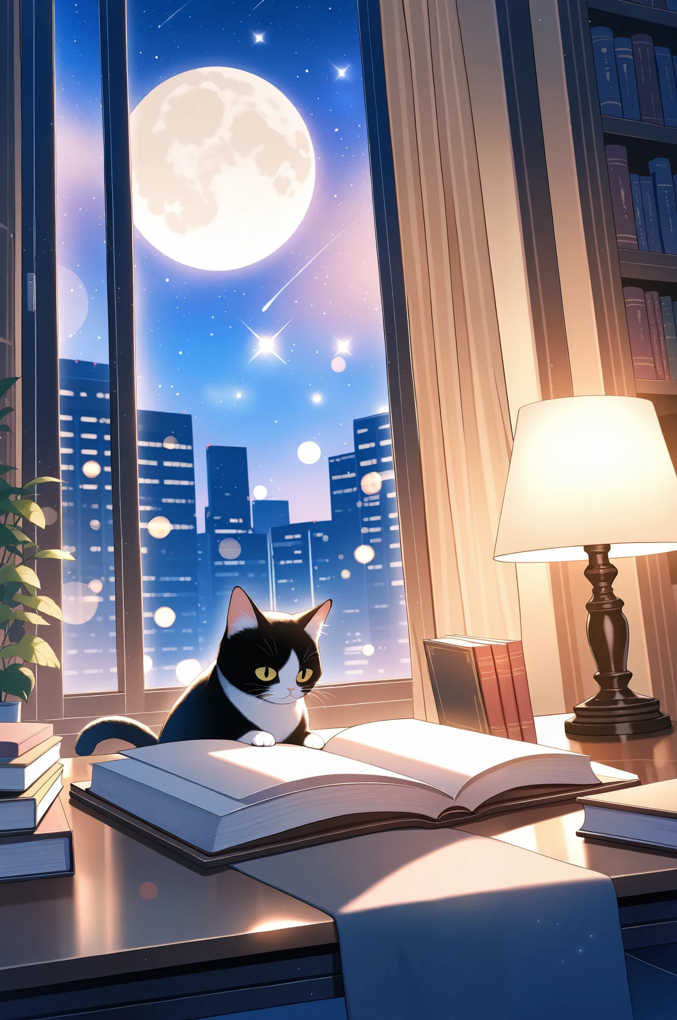 aesthetic lo-fi minimalist atmosphere, cat, book, window, moon, light bokeh, in soft colors, glitter, dynamic side angle, natural soft lighting, 8k resolution, illustration, pastel tetradic colors, masterpiece, best quality, amazing quality, very aesthetic, absurdres, newest, highly detailed,high-resolution,
