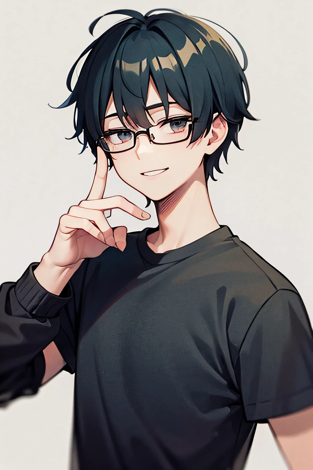 anime、 adult male、 Standing Upright、Short blue hair、Glasses、 black shirt 、 has a smiling face、 simple background、1 male