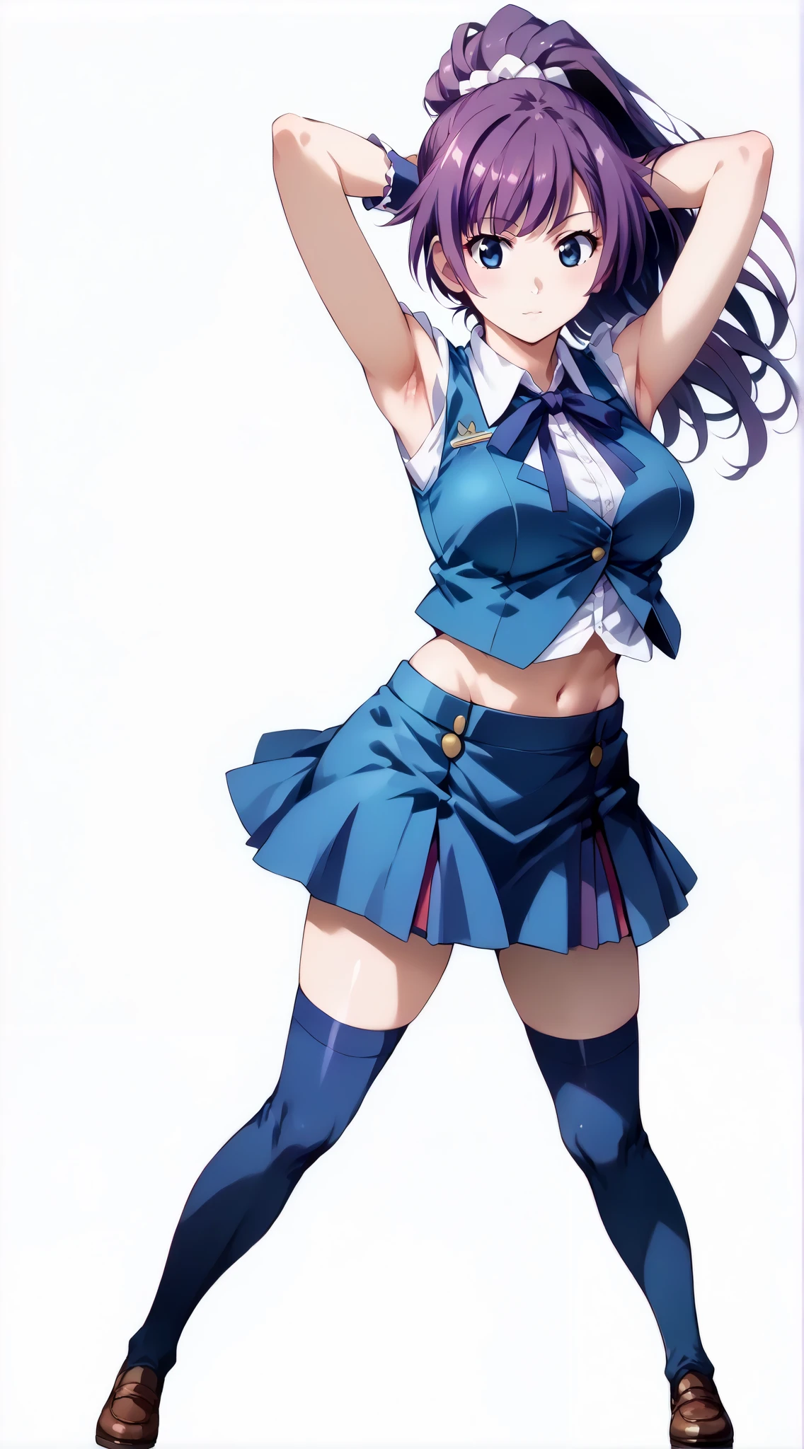 score_9, score_8_up, score_7_up, source_anime, 4K,perfect fingers,(perfect hands, perfect anatomy),prefect lighting, very aesthetic, intricate details,highly detailed background, masterpiece, high quality, best quality,
1girl, hitagisenjougahara, hitagi senjougahara, long hair, bangs, ponytail, sidelocks, scrunchie, blue eyes, purple hair,Large Breast,
wearing ((white shirt,blue vest,sleeveless,blue thighhighs,blue skirt,wrist cuffs,neck ribbon,midriff)),,
looking at the spectator, filed, high thigh individual , (large breasts:0.9),Stand up,((fullbody:1.5)),((White plain background:1.5)) ,((arms behind head:1.5)),