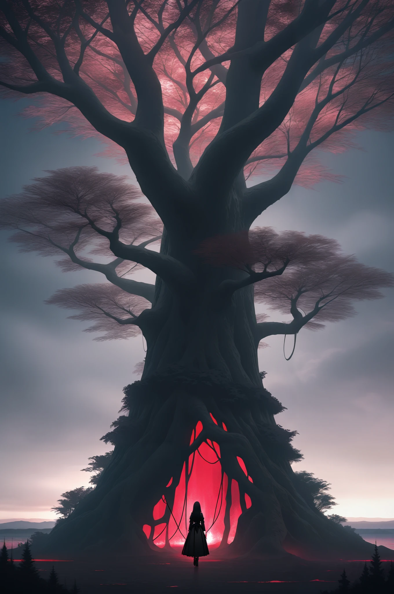 Exquisite artwork, gothic digital art-style tree, dark forest, ethereal, a touch of magical elements, dark color pallete, masterpiece, best quality, amazing quality, very aesthetic, absurdres, newest, highly detailed,high-resolution,