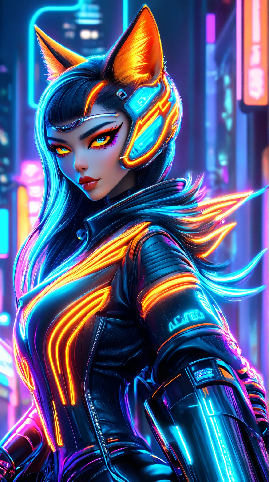 <lora:CyberPunkAI:0.7> CyberpunkAI, neon, 1girl, elf, neon hair, neon eyes, ponytail hairstyle, black leather jacket, (line art:1.5), (2D), (photorealistic:1.4),