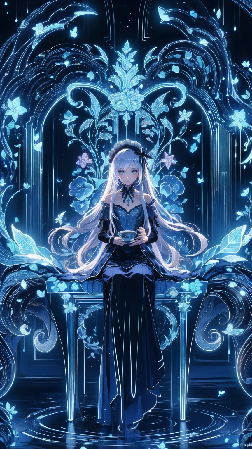 Composition from Head to Toe 、 full body view、 watch viewers、 score_9, score_8_ up, score_7_ up, anime style、In 8K、32K、Masterpiece、 One Girl、 8k resolution, Masterpiece, best quality , Award-winning work , unrealistic, anatomically accurate skeleton , 1 girl, Alone, long hair, , stares at viewers, ( perfect )、masterpiece、 Super high quality、 8k、Masterpiece、 best quality 、 Ultra high resolution 、 max resolution、 tall Highly detailed 、 professional lighting 、Anime、 adult female 、, black dress , is sitting, jewelry, race trim, , small , earrings, watch viewers, teacup solo focus , star (symbol), holding, closed, ribbon, race, gothic lolita,