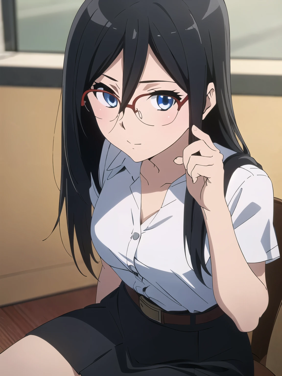 Anatomically_Correct, alone, Anatomy_ correct , 1girl, (Asuka_Tanaka:1.0), (( is highly detailed)), Masterpiece , , fine face , beautiful face ,( detailed eyes), Asuka_Tanaka, Black hair, blue eyes , glasses, Long hair, Looking at the viewer , glassesเกินขอบ, hair between eyes , smooth, (glassesกึ่งไม่มีขอบ, Red-rimmed glasses:1.5), Library Backdrop ,( White Shirts , Short sleeves ),(( black folded skirt )), (brown_belt), sit ,