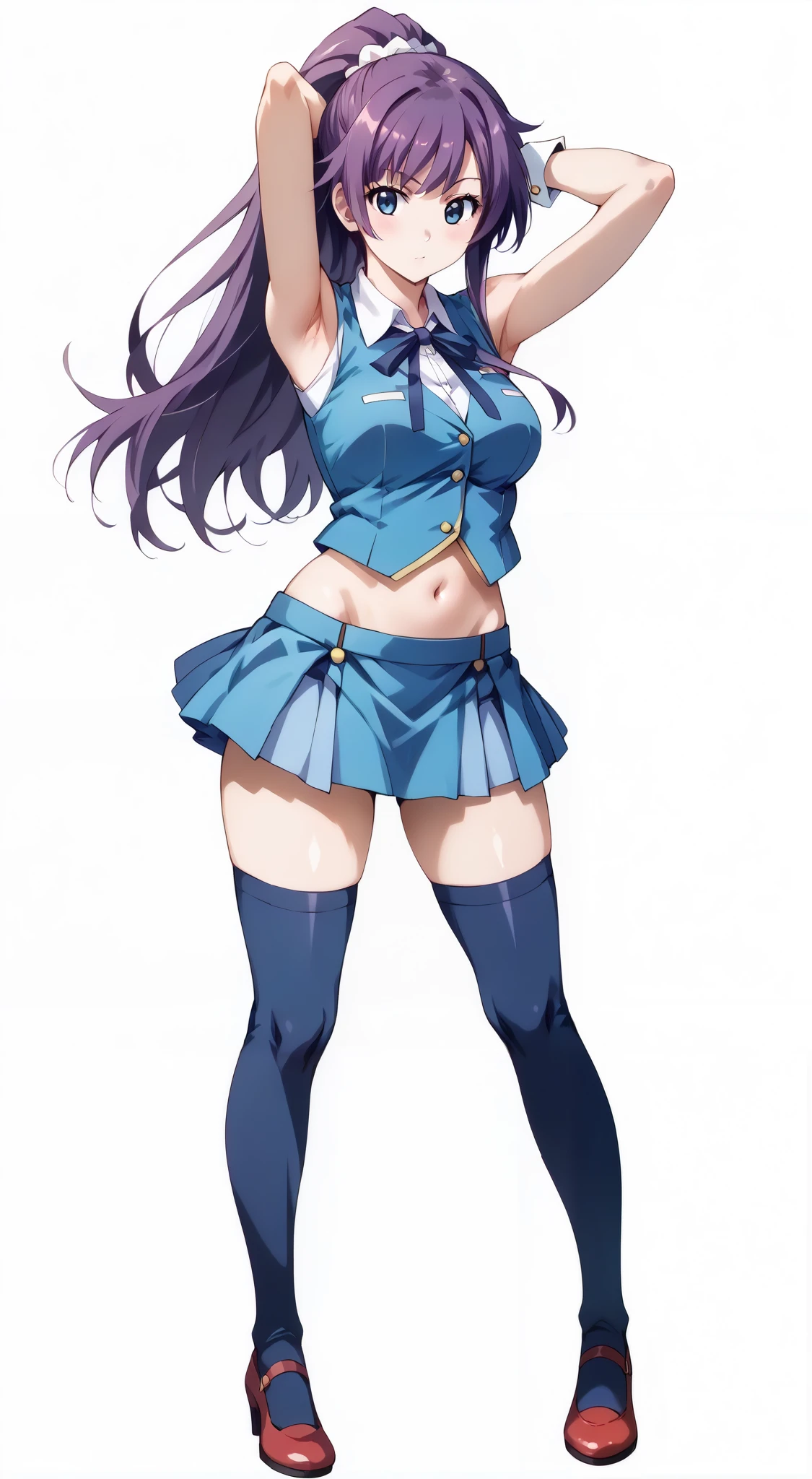a sexy anime girl has two horns growing out of her head and a devil tail, cheerleader, 1girl, pom pom (cheerleading), breasts, solo, thighhighs, long hair, horns, skirt, navel, tail, holding pom poms, crop top, large breasts, armpits, thigh strap, purple hair, underboob, white thighhighs, underwear, panties, pointy ears, looking at viewer, very long hair, purple eyes, highleg panties, shoes, skindentation, pleated skirt, arms up, highleg, blush, black panties, white footwear, full body, demon tail, sneakers