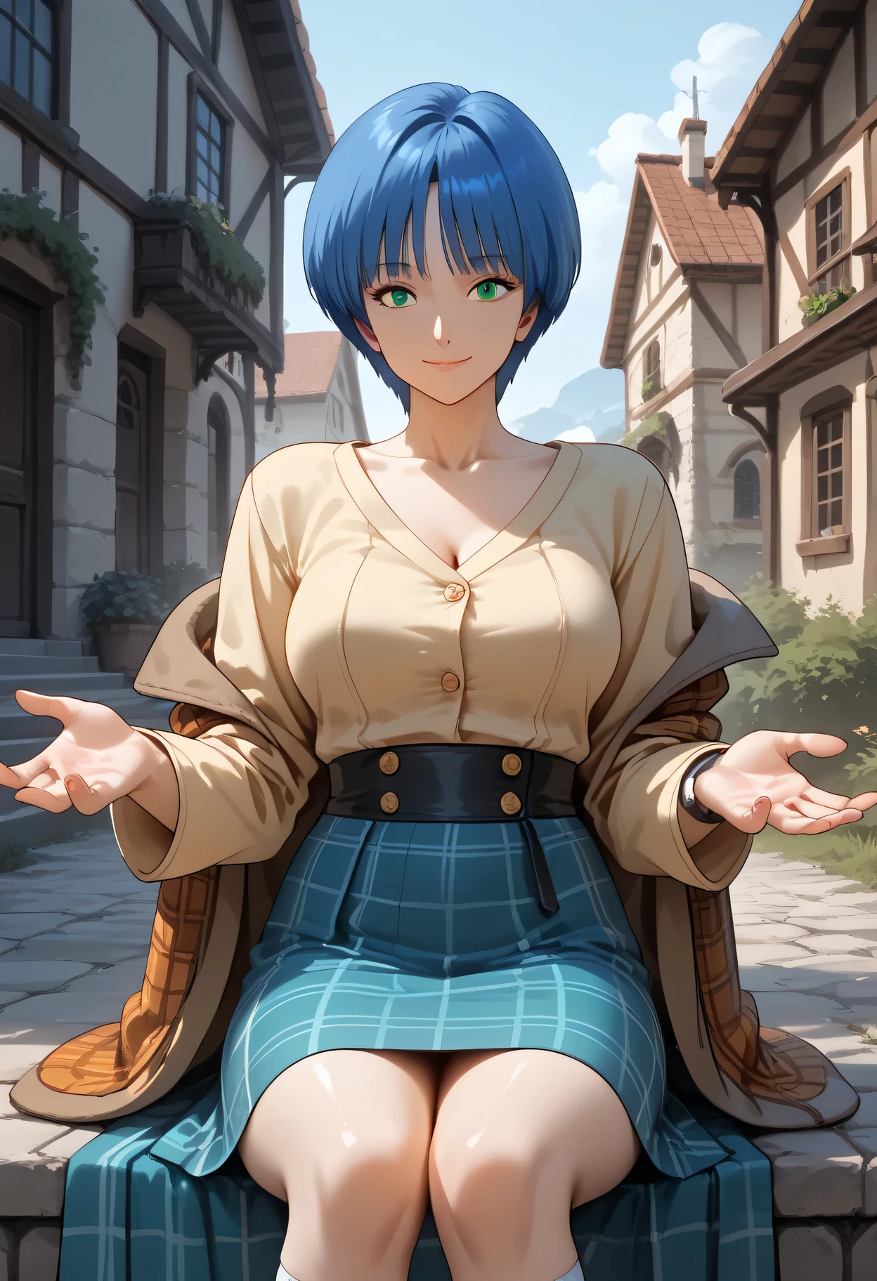 Smile ,with a girl face,((cowboy shot1.5)), ((cowboy shot:1.47)),closed mouth, Her hairstyle is medium bob,((Trim her bangs )),blue hair color, ((wolf cut:1,47)),(( midium length hair extended to shoulders:1.2)),((medium breasts)),curvy,inverted triangle face,Well-balanced limbs, slender body, long limbs,1mature,AOI YUME Masakazu Katsura drowning,((1mature:1.2 )), anime,Masakazu Katsura, AOI YUME、(looking at from the front), Look at the camera,(1mature) ,upskirt,between_legs, plaid coat, Blue, white, and orange stripes on the cuffs of the coat; ((((A green long plaid skirt with fringes)))), Black waistband visible above the skirt. White knee-length socks with blue stripes on top; pointy shoes with black heels, Double-breasted coat with visible buttons Short-sleeved innerwear with round neckline, slightly visible on the chest, Her chest is exposed and her breasts are visible. Setting ,((skirt with slit front:1.1)), ((open her chest :1.15)),(((outdoor))),((( front of house:1.2))),sitting stone