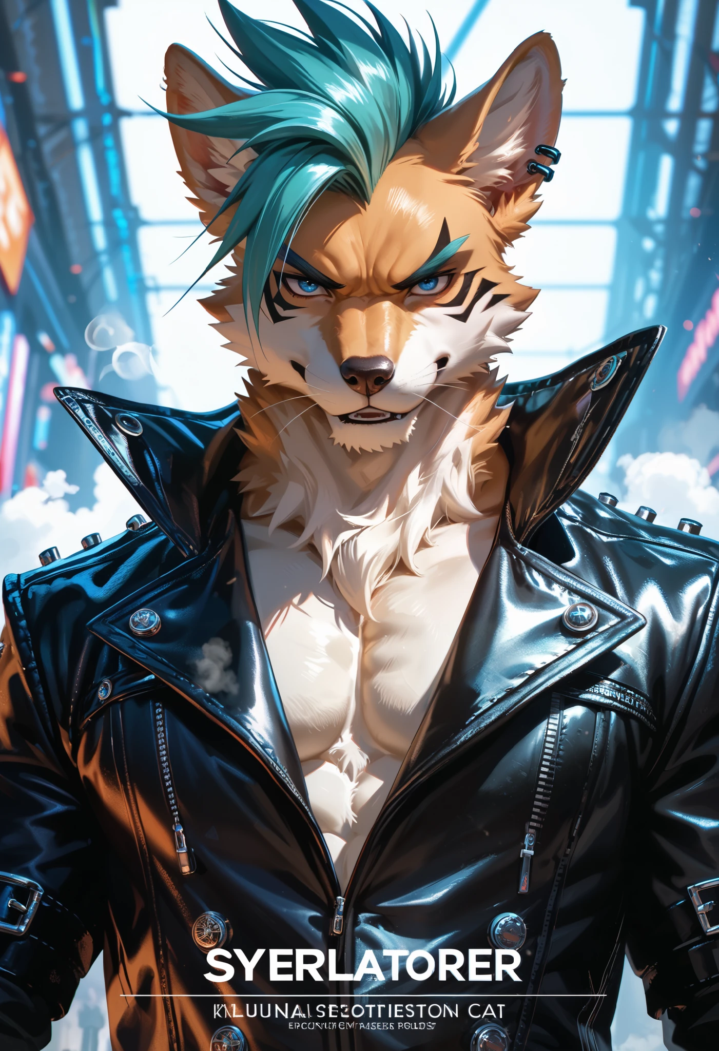 ((solo)), male, anthro wolf, (mulitcolored fur, vivid colors, faded red:1.3, red, white torso), main fur color red, secondary color white, white stomach and crotch, ((canine face, with red hair, icy blue pupils, muscular:1.2) (tough, smug expression:1.2)), blushing, ((athletic:1.1)), buff, abs, wide shouldered)), (correct anatomy),(realistic fur, detailed fur texture, tattoo markings:1.3)), wearing red leather jacket, wearing black pants, wearing spiked collar, wearing spiked fist cuffs, sitting in train staring out window, futuristic city, neon lights, photorealistic, hyperrealistic, ultradetailed, by kenket