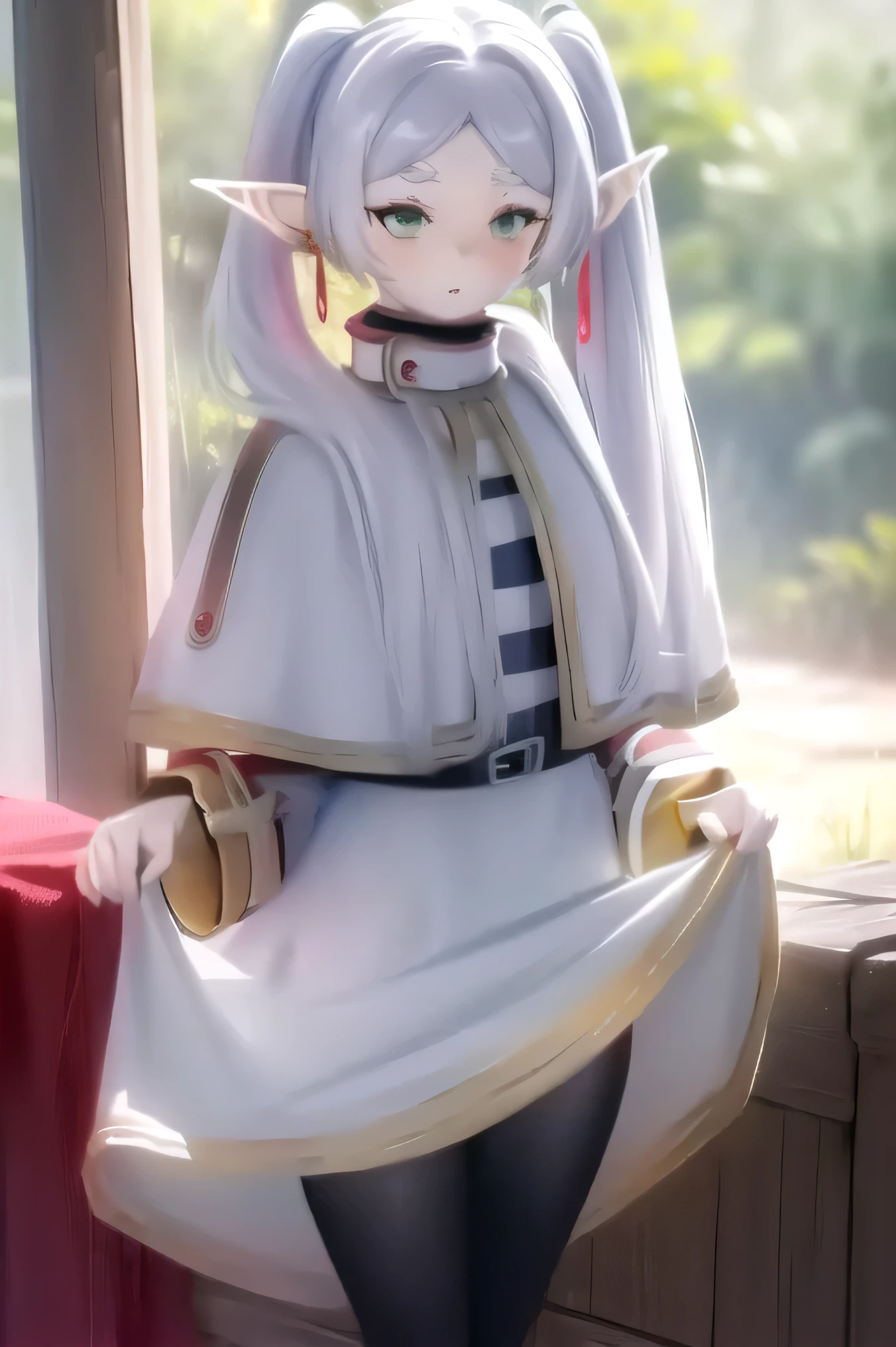 (   top quality,Strange Results      :1.3),(Warm lighting:1.2),      1 girl,        complicated details   , natural face,forest,     There is a river in the background , spring,    Hands between legs     ,    small breasts,   thank you,      long hair,   gray hair,       twin tails ,   star ,     earrings for women living alone with both legs in between  ,       thick eyebrows,      white capelets ,       striped shirt   ,       Long Sleeve     , belt,   white skirt,       black pantyhose     (((((Hold your walking stick)))))