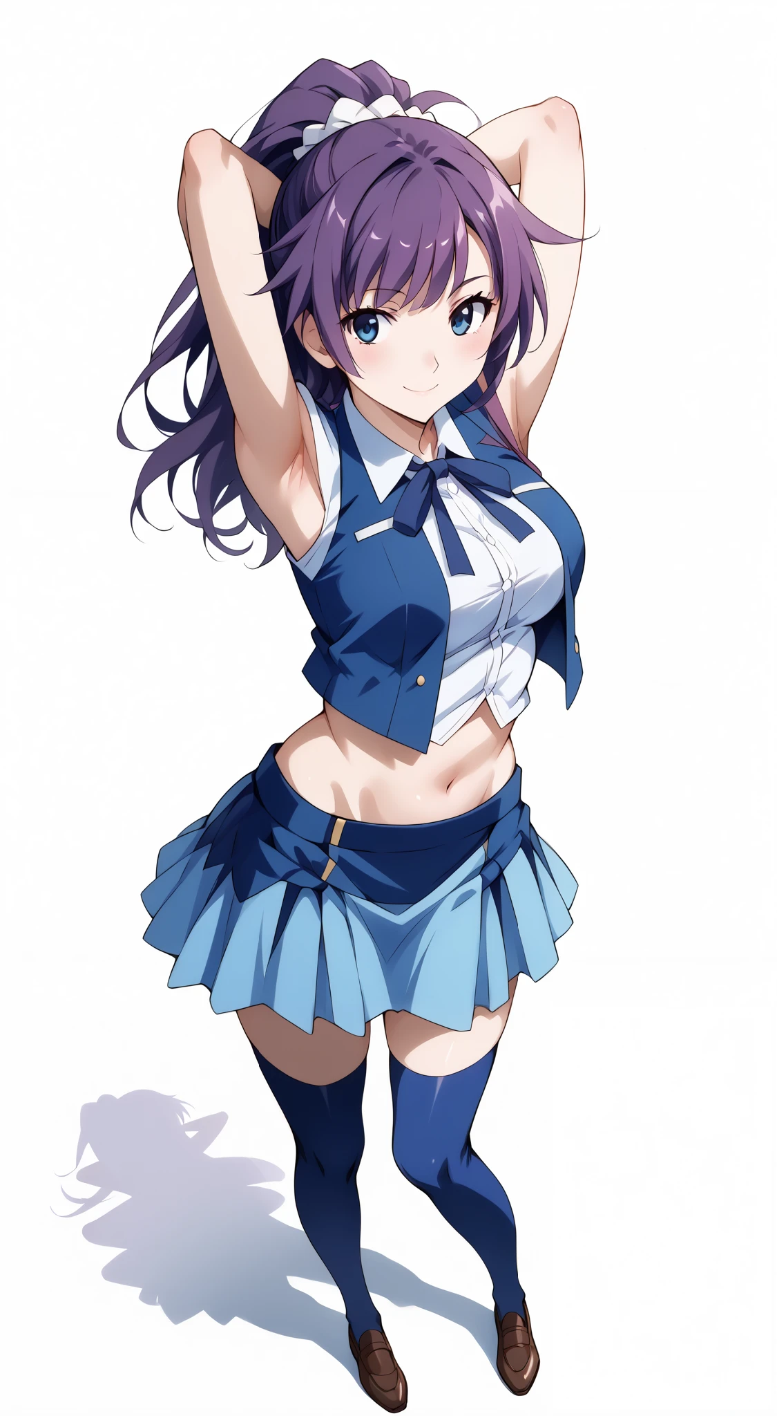 score_9, score_8_up, score_7_up, source_anime, 4K,perfect fingers,(perfect hands, perfect anatomy),prefect lighting, very aesthetic, intricate details,highly detailed background, masterpiece, high quality, best quality,
1girl, hitagisenjougahara, hitagi senjougahara, long hair, bangs, ponytail, sidelocks, scrunchie, blue eyes, purple hair,Large Breast,
wearing ((white shirt,blue vest,sleeveless,blue thighhighs,blue skirt,wrist cuffs,neck ribbon,midriff)),,
looking at the spectator, filed, (arms behind head:1.5), high thigh individual , (large breasts:0.9),Stand up,((fullbody:1.5)),((White plain background:1.5)) ,((Seductive smile)),((top view:1.5)),leaning forward:1.3,looking at viewer,focos ass