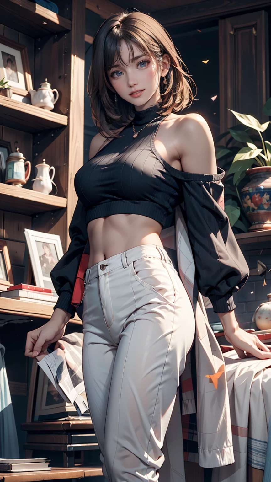 (8K, RAW Photos, Highest quality, masterpiece:1.2), (Realistic, photo-Realistic:1.37)、Earrings, eyelash, pantyhose、セクシーな的なsmile、 (Shiny skin:1.05)、Venus Body、Having her hair done、My chest is popping out、Wear accessories on your wrist、Wearing accessories on the ankle、Background blur((depth of field)、smile、 year old white female、Brunette、blue eyes、Wear a sheer, off-the-shoulder top、I can see my belly button、See-through pantaloons((pantalon))、Wearing Sandals、Place hands on hips