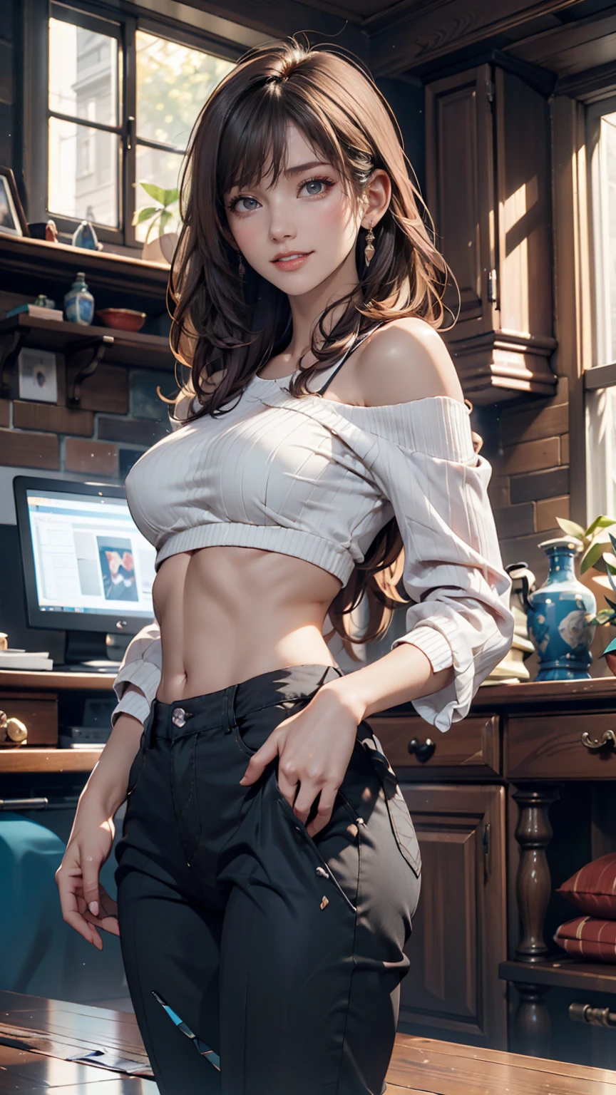 (8K, RAW Photos, Highest quality, masterpiece:1.2), (Realistic, photo-Realistic:1.37)、19-year-old Caucasian female、Blonde、Wear off-the-shoulder tops、I can see my belly button、Wear low rise skinny jeans、Teenager's room(((Cute accessories)))、(((computer)))、The wall is pastel blue、(((play the guitar)))、smile、hair band((hair ribbon))、play the guitar