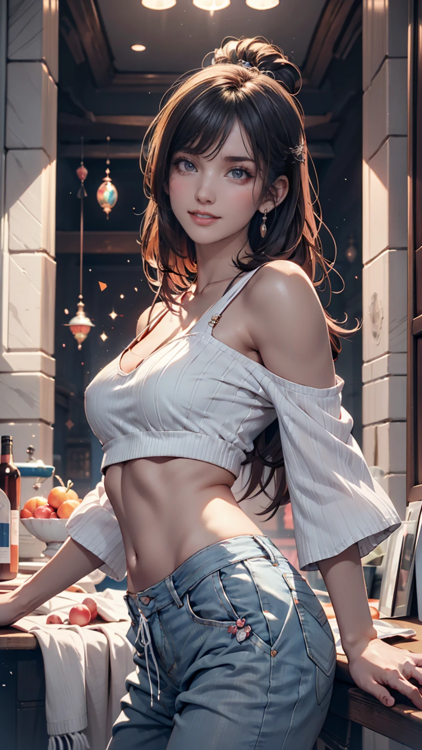 color (Fantasy: 1.2), (hayao miyazaki style), (Irregular Buildings Floating Under the Sea), Patchwork Cottage, Moss decoration, Coral, Light, Concept art inspired by Andreas Rocha, Artstation Contest Winner, Fantasy art, (an underwater city), Ross Tran, Lightシャフト, Realistic lighting, masterpiece, high quality, Beautiful graphics, High detail, masterpiece, high quality, Beautiful graphics, High detail, --v6、24-year-old female、Bleached Hair, Model pose, Delicate skin types, Light curly hair、Hair model photo、Twin tails、Orange gradient color、Scrunchies on the wrist、Sexy proportions、Off-the-shoulder tops、Navel visible、Skinny jeans、short boots