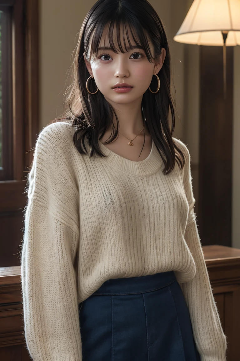 standing alone, standing alone, 1 girl, naturals, full - length portrait,35㎜ film, heavy grain, effortless, messy hair, minimal makeup, large cotton sweater, posed with chilled out elegance against a soft, sunlit background, captured by celebrated photographer Mario Testino with his natural signatures, effortless style.. warm up, naturals, heavy grain, 35㎜ film, chilled out.