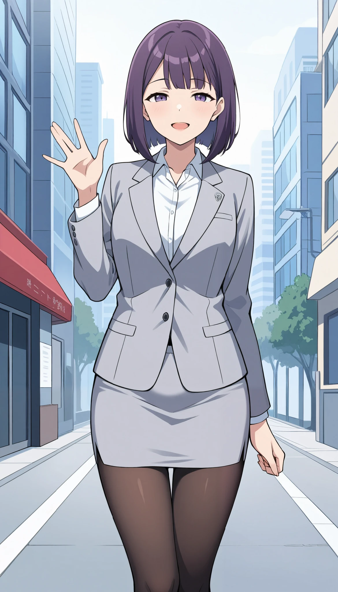 masterpiece, best quality, absurdres, perfect anatomy, a female, solo,smile,open mouth, glossy lips,purple bob hair,medium hair,beautiful office female,gray suit,buttoned blazer,closed blazer, collar shirt,pencil skirt,pantyhose,standing, waving, outdoor ,city ,cowboy shot ,from front,half open eyes
