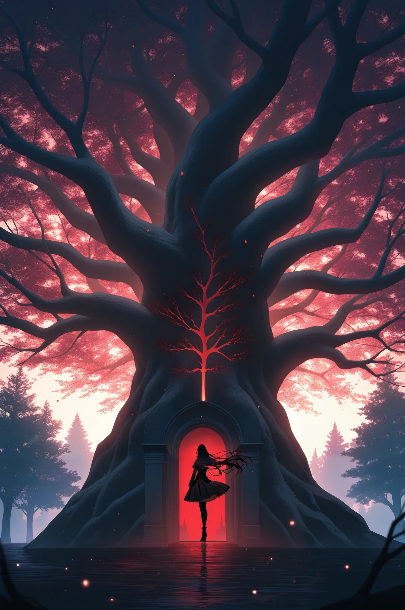 Exquisite artwork, gothic digital art-style tree, dark forest, ethereal, a touch of magical elements, dark color pallete, masterpiece, best quality,