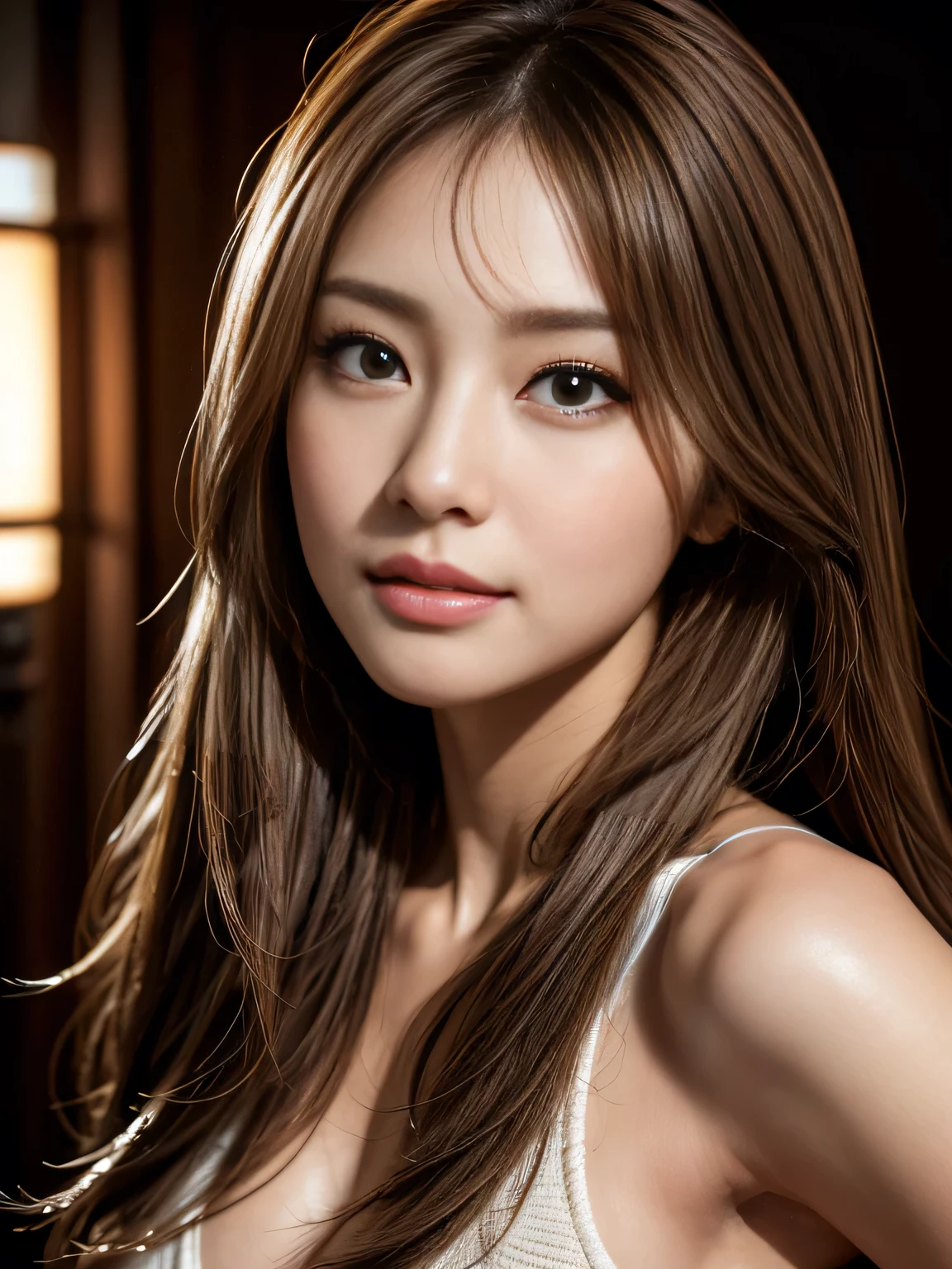 masterpiece, best quality, ultra-detailed, intricately detailed hyperdetailed, realistic, sharp features, highly detailed, sharp focus, Realistic, Photorealistic:1.3, perfect face, perfect symmetrically eyes, perfect full lips, hyper detailed, hyper realistic, high resolution, Japanese gal, Cute and sexy, Hazel eyes, Beautiful Face, (Brushing back one's hair), light brown hair, Beautiful hairstyle, (Slightly open mouth), (sexy face:1.2), (naughty smile), high-key lighting, front light, subtle shadows, 