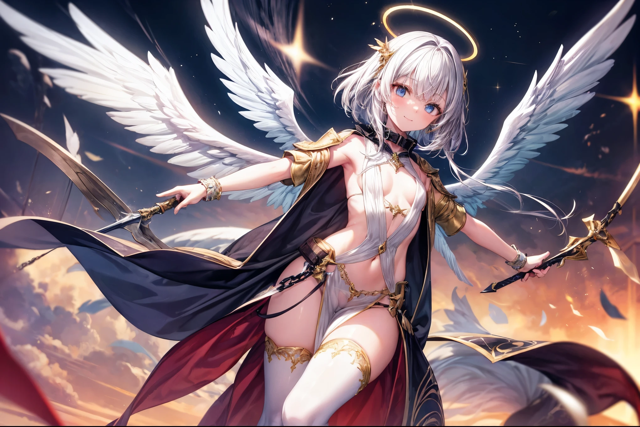 closeup of naked angel woman hold flaming giant-sword, Guardian Angel and Sacred Flame, front view, detailed face, medium breasts, white wings, flame background