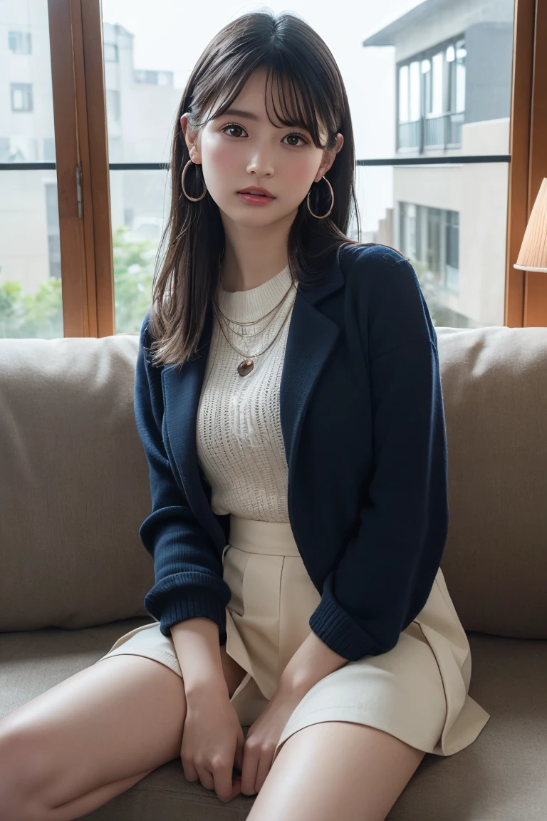 Depiction from a low angle、Let your brown hair flow lightly、wearing a cute miniskirt 20old beauty、Sitting on the sofa wearing black pantyhose。Please express her loveliness and refreshing charm...。"